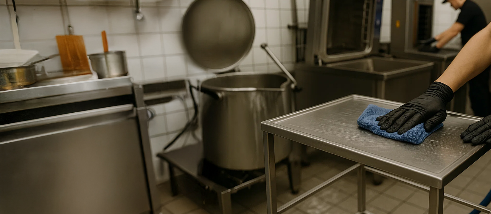 Ravintolasiivous suurtalouskeittiössä. Kaksi ihmistä pesee metallipintoja.