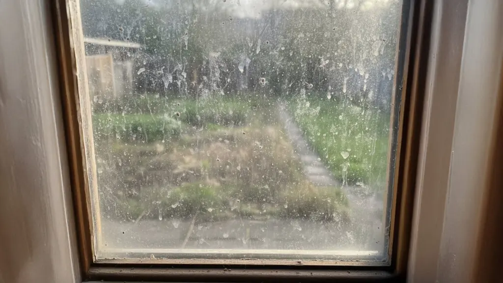 Ikkunaan pinttynyttä likaa.